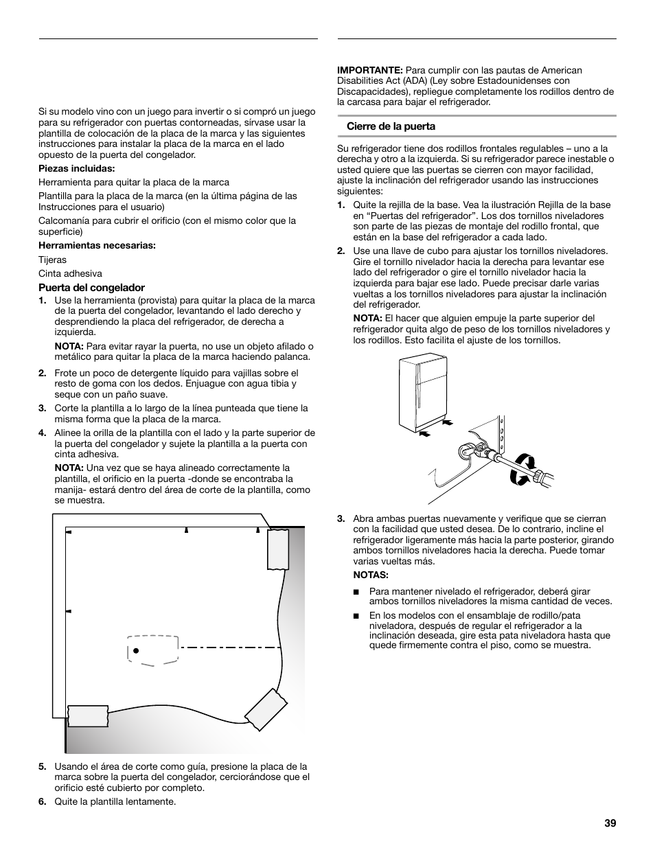 Instrucciones del juego para invertir, Ajuste las puertas | Maytag M8TXEGFBS User Manual | Page 39 / 84