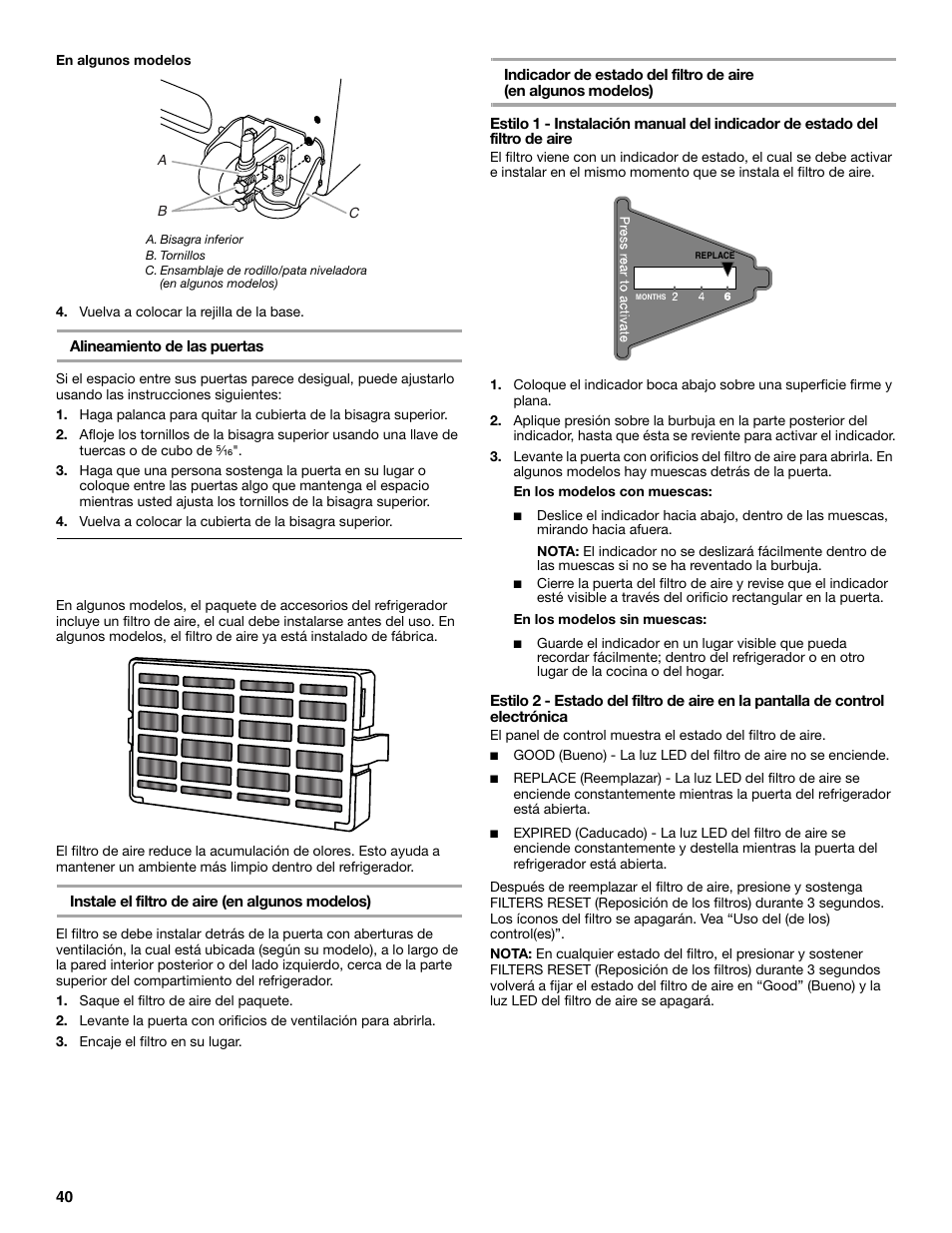 Instalación del filtro de aire, En algunos modelos) | Maytag M8TXEGFBS User Manual | Page 40 / 84