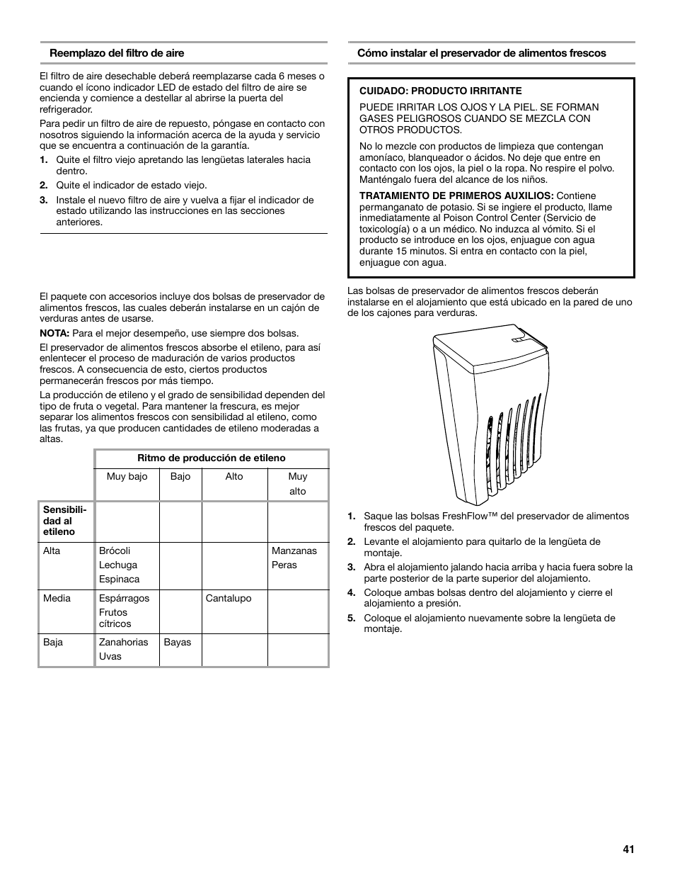 Instalación del preservador de alimentos frescos, En algunos modelos), 41 reemplazo del filtro de aire | Cómo instalar el preservador de alimentos frescos | Maytag M8TXEGFBS User Manual | Page 41 / 84