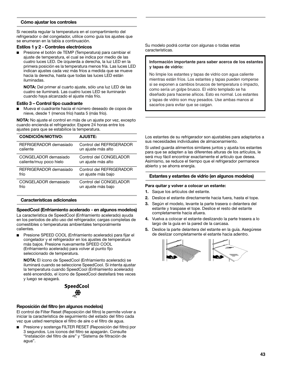 Características del refrigerador, Estantes del refrigerador | Maytag M8TXEGFBS User Manual | Page 43 / 84