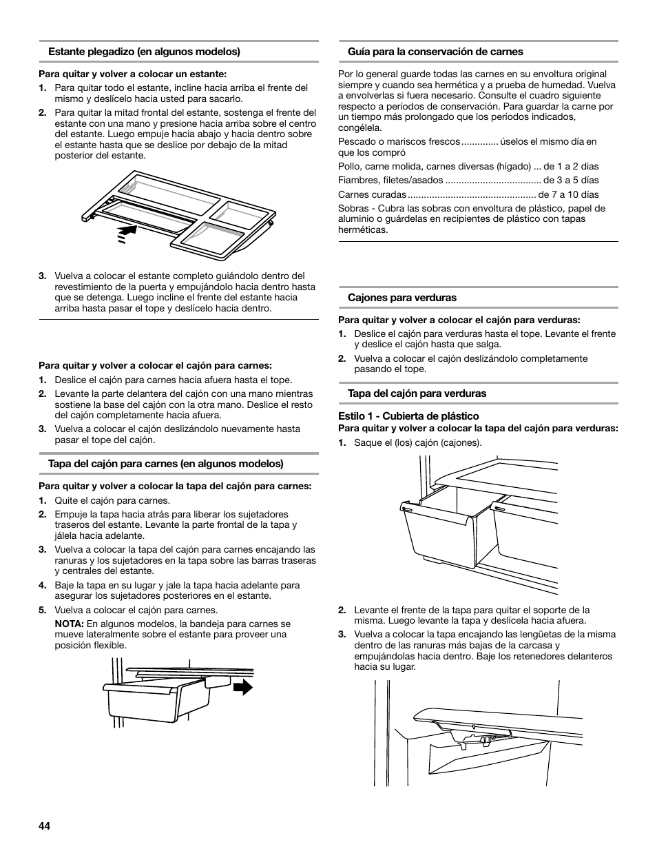 Cajón para carnes, Cajón para verduras | Maytag M8TXEGFBS User Manual | Page 44 / 84