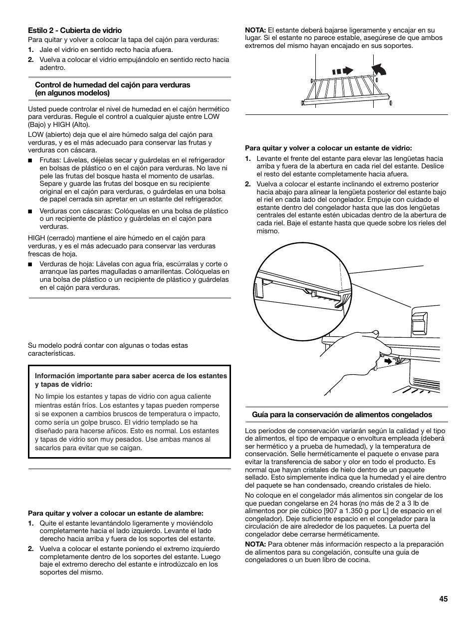 Características del congelador, Estante de alambre del congelador, Estante de vidrio del congelador | Maytag M8TXEGFBS User Manual | Page 45 / 84