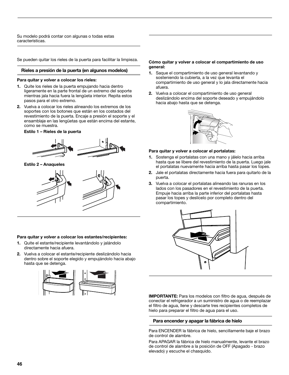 Características de la puerta, Rieles de la puerta, Recipientes de la puerta | Compartimiento de uso general y portalatas, Fábrica de hielo | Maytag M8TXEGFBS User Manual | Page 46 / 84