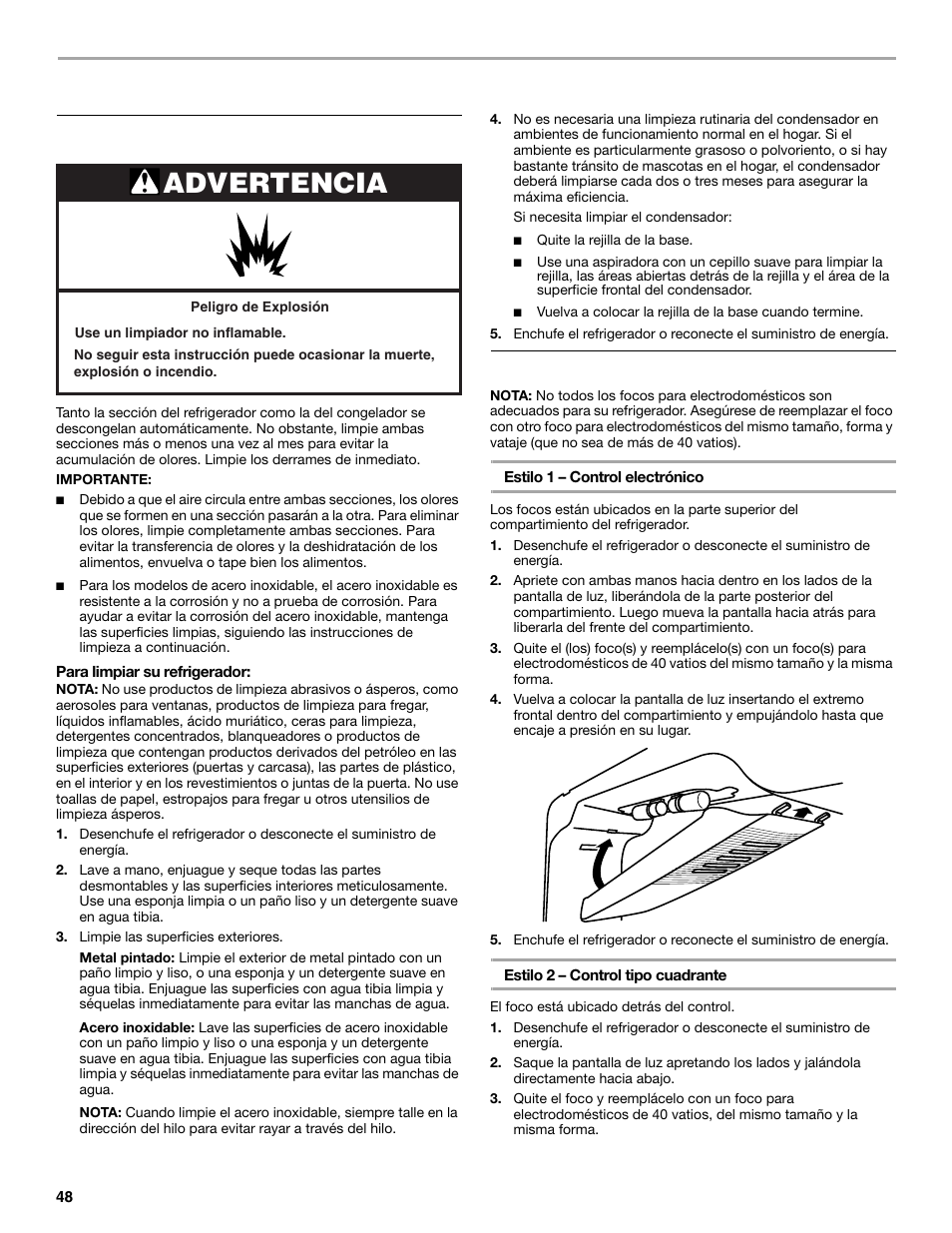 Cuidado de su refrigerador, Advertencia, Limpieza | Cómo cambiar los focos | Maytag M8TXEGFBS User Manual | Page 48 / 84