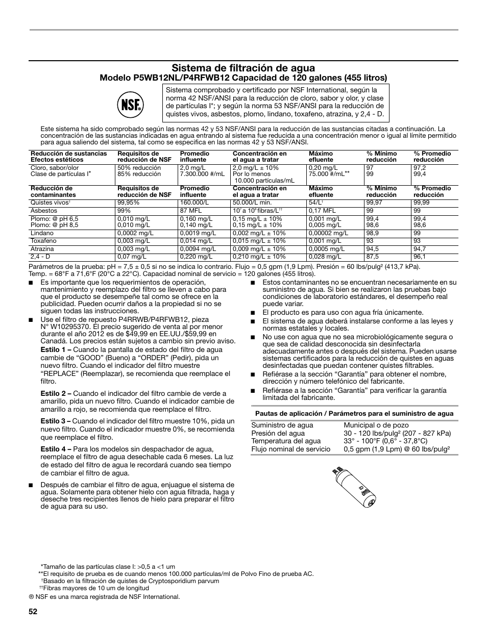 Hoja de datos del rendimiento, Sistema de filtración de agua | Maytag M8TXEGFBS User Manual | Page 52 / 84