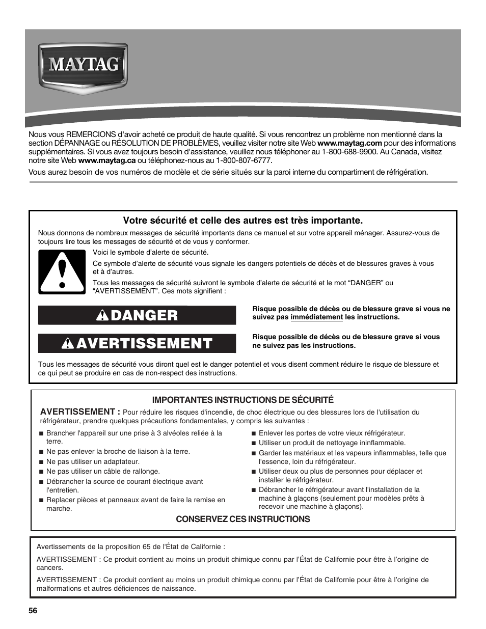Instructions d'utilisation du réfrigérateur, Sécurité du réfrigérateur, Avertissement danger | Maytag M8TXEGFBS User Manual | Page 56 / 84