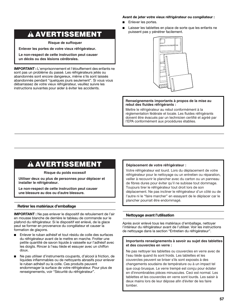 Instructions d'installation, Avertissement, Déballage du réfrigérateur | Maytag M8TXEGFBS User Manual | Page 57 / 84