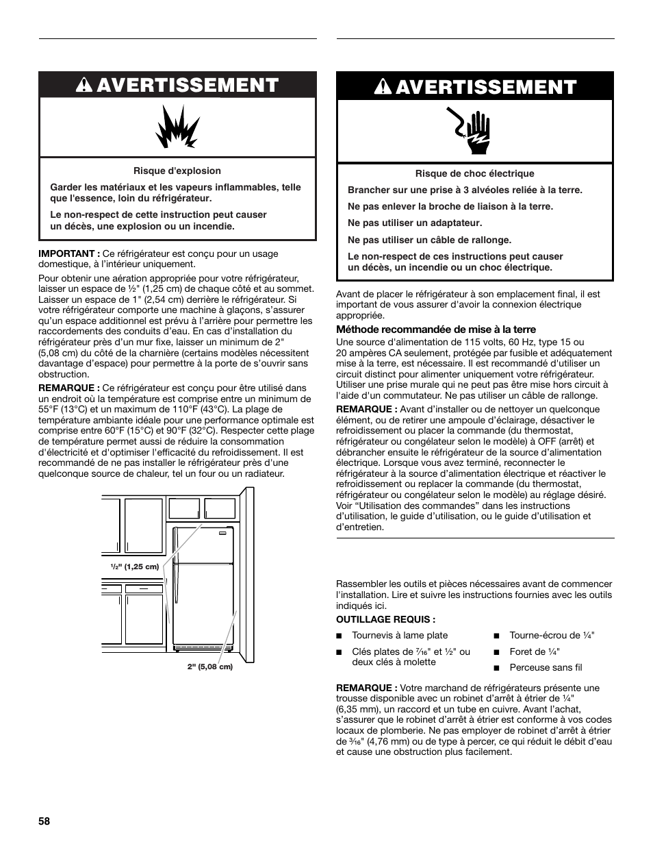 Avertissement, Exigences d'emplacement, Spécifications électriques | Spécifications de l’alimentation en eau | Maytag M8TXEGFBS User Manual | Page 58 / 84