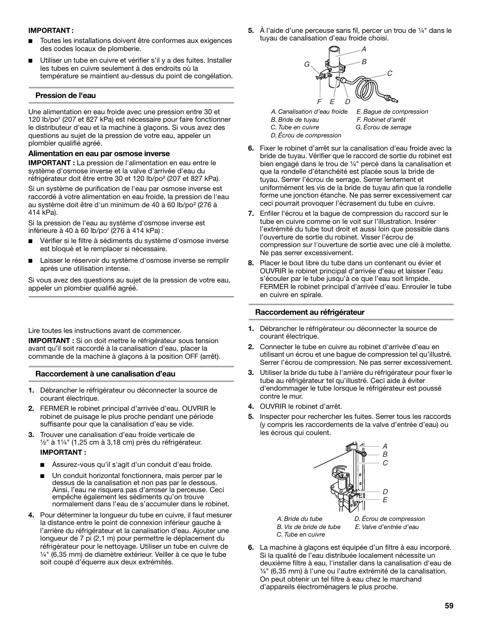 Raccordement de la canalisation d'eau | Maytag M8TXEGFBS User Manual | Page 59 / 84