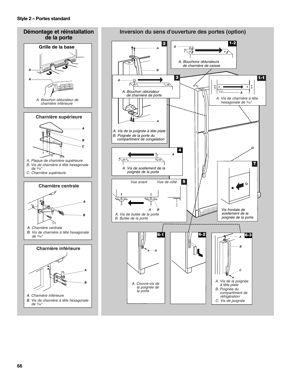 Inversion du sens d'ouverture des portes (option), Démontage et réinstallation de la porte | Maytag M8TXEGFBS User Manual | Page 66 / 84