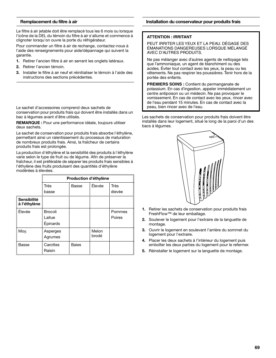 Installation du conservateur pour produits frais, Sur certains modèles), 69 remplacement du filtre à air | Maytag M8TXEGFBS User Manual | Page 69 / 84