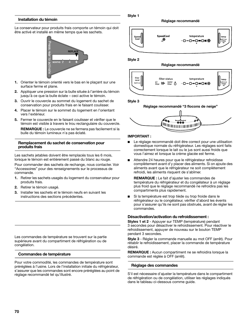 Utilisation du réfrigérateur, Utilisation des commandes | Maytag M8TXEGFBS User Manual | Page 70 / 84
