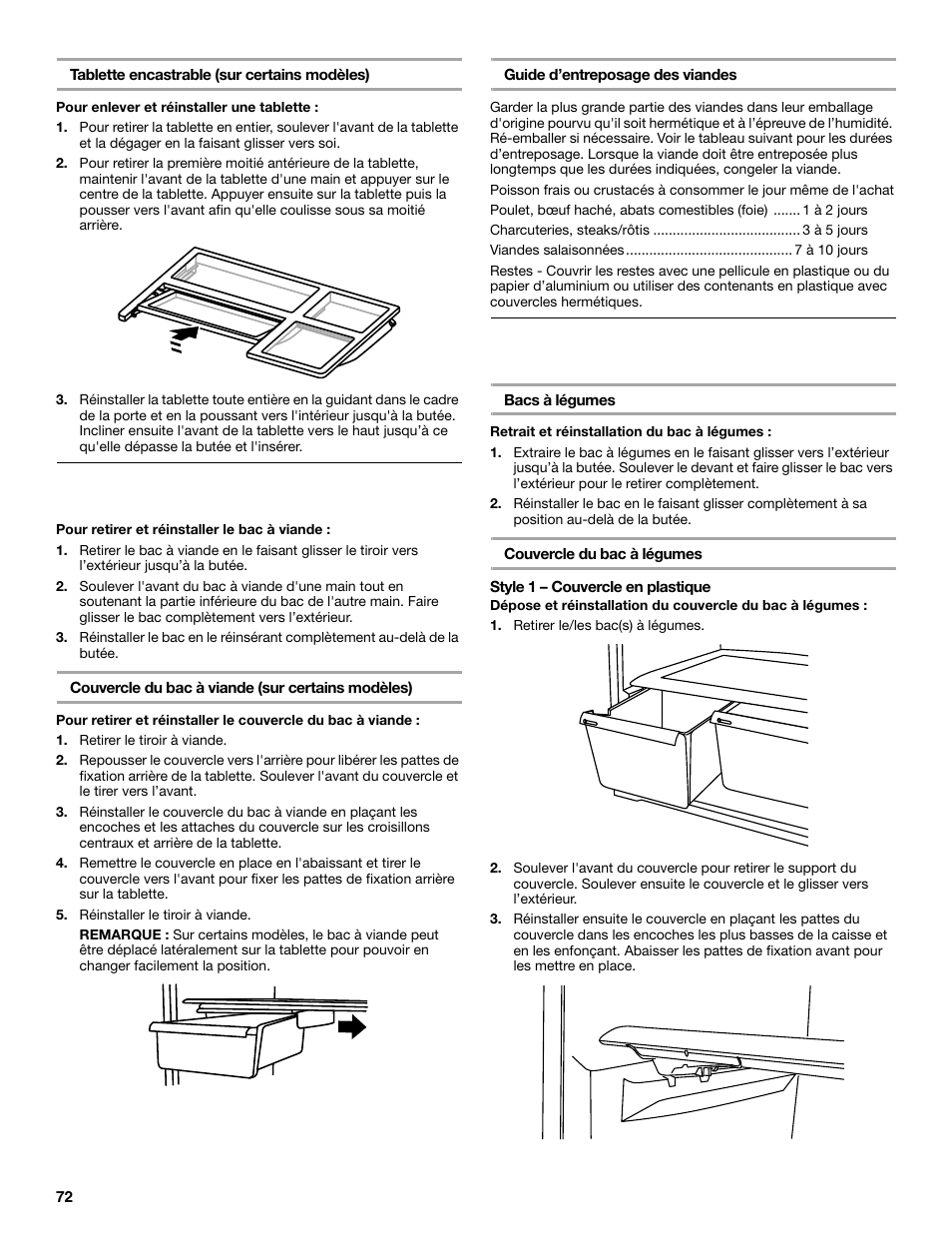 Tiroir à viande, Bac à légumes (sur certains modèles) | Maytag M8TXEGFBS User Manual | Page 72 / 84