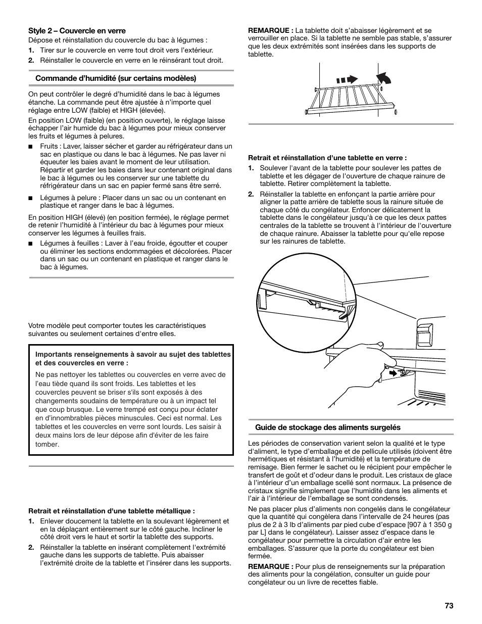 Caractéristiques du congélateur, Tablette métallique du congélateur, Tablette en verre du congélateur | Maytag M8TXEGFBS User Manual | Page 73 / 84