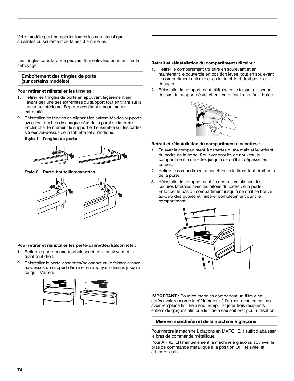 Caractéristiques de la porte, Tringles dans la porte, Balconnets de porte | Compartiment utilitaire et compartiment à canettes, Machine à glaçons | Maytag M8TXEGFBS User Manual | Page 74 / 84