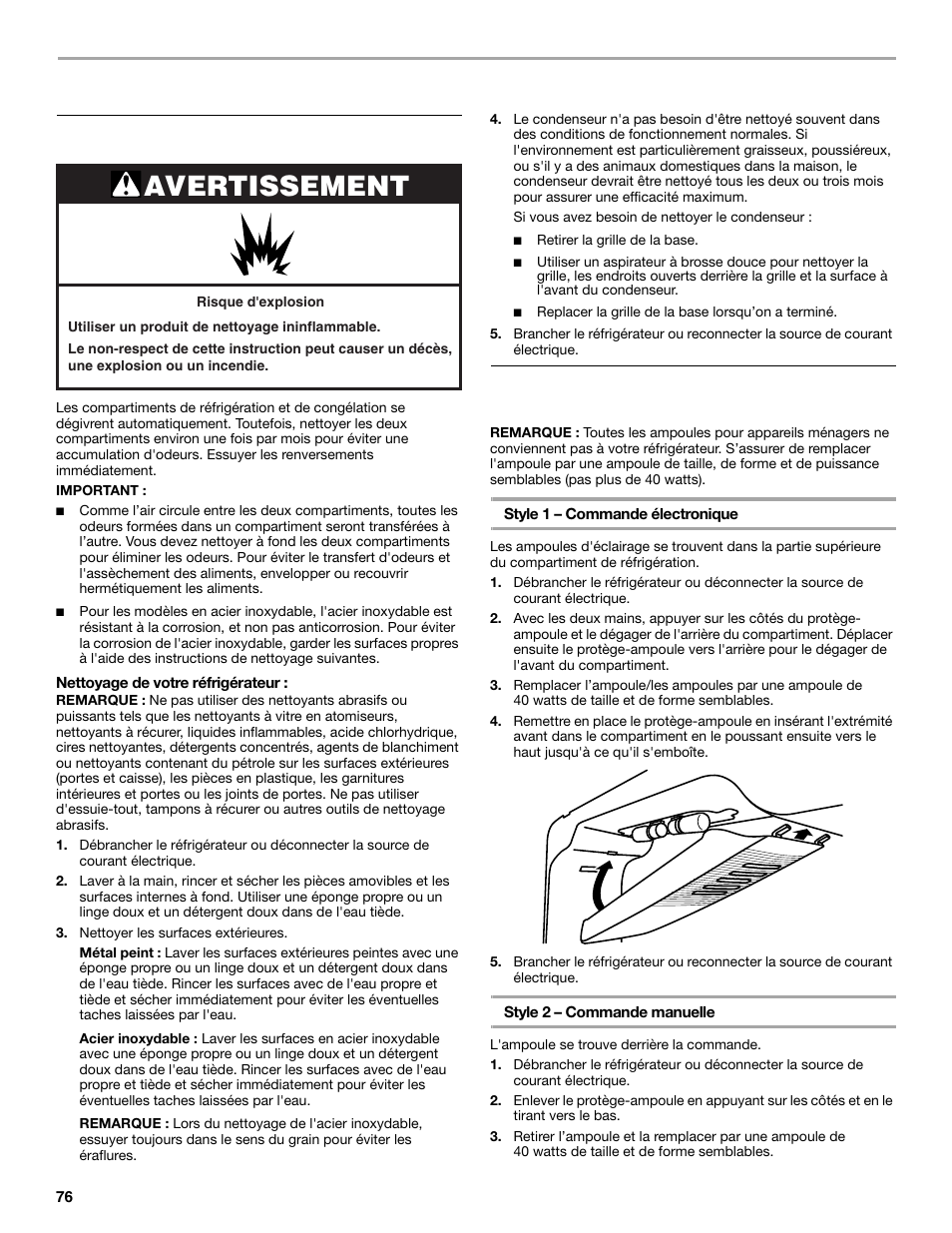 Entretien du réfrigérateur, Avertissement, Nettoyage | Remplacement des ampoules d’éclairage | Maytag M8TXEGFBS User Manual | Page 76 / 84