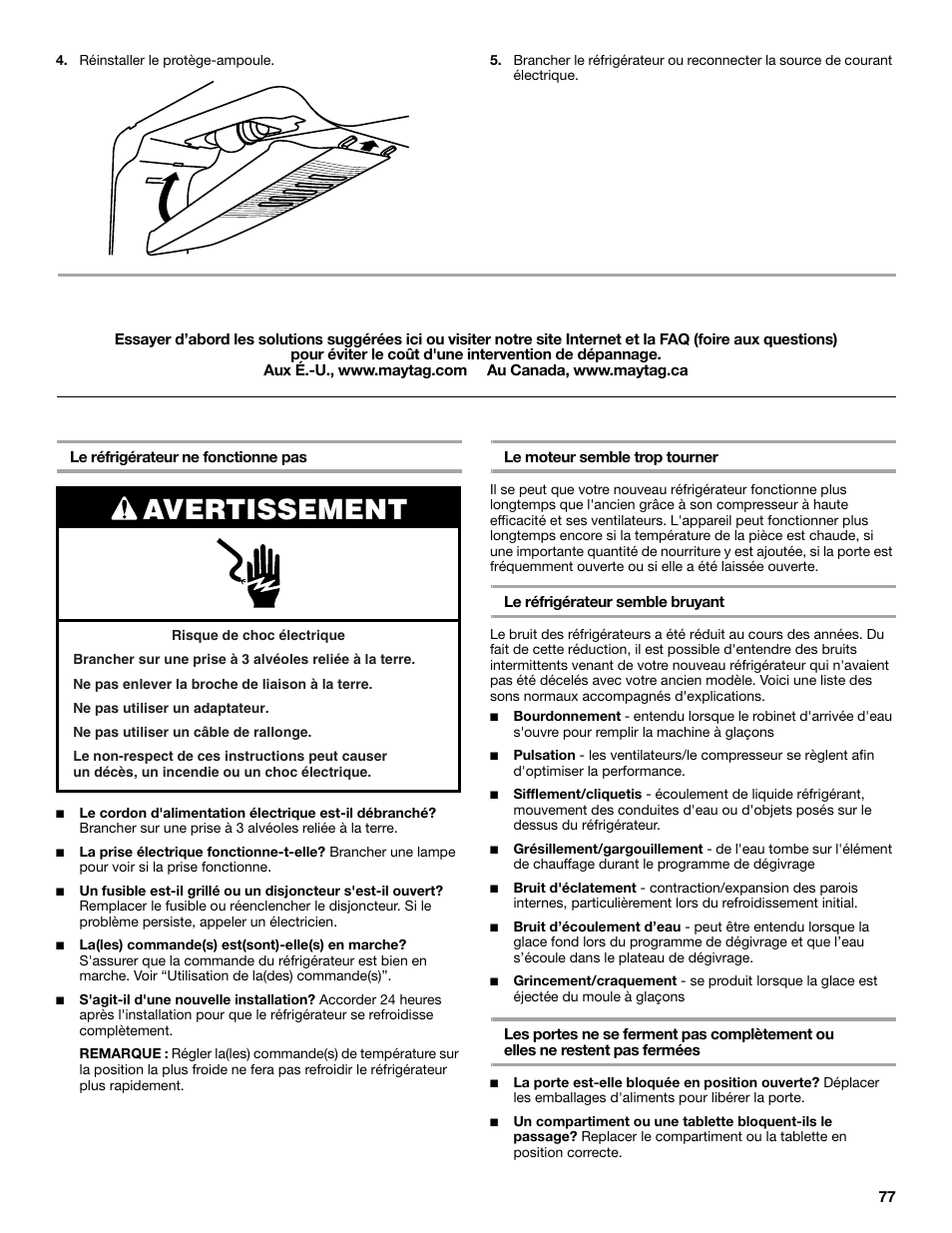 Dépannage, Avertissement, Fonctionnement du réfrigérateur | Maytag M8TXEGFBS User Manual | Page 77 / 84