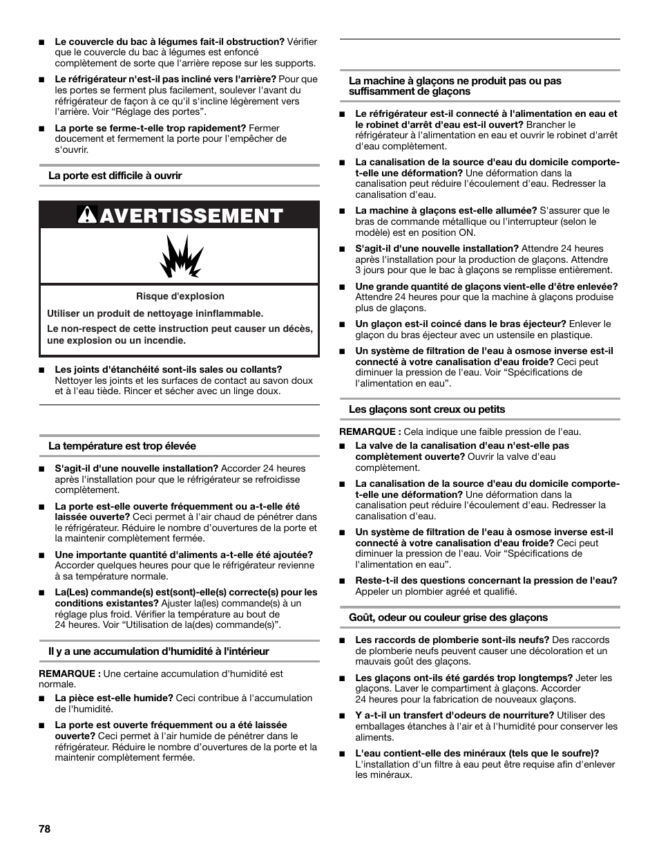 Avertissement, Température et humidité, Glaçons et eau | Maytag M8TXEGFBS User Manual | Page 78 / 84