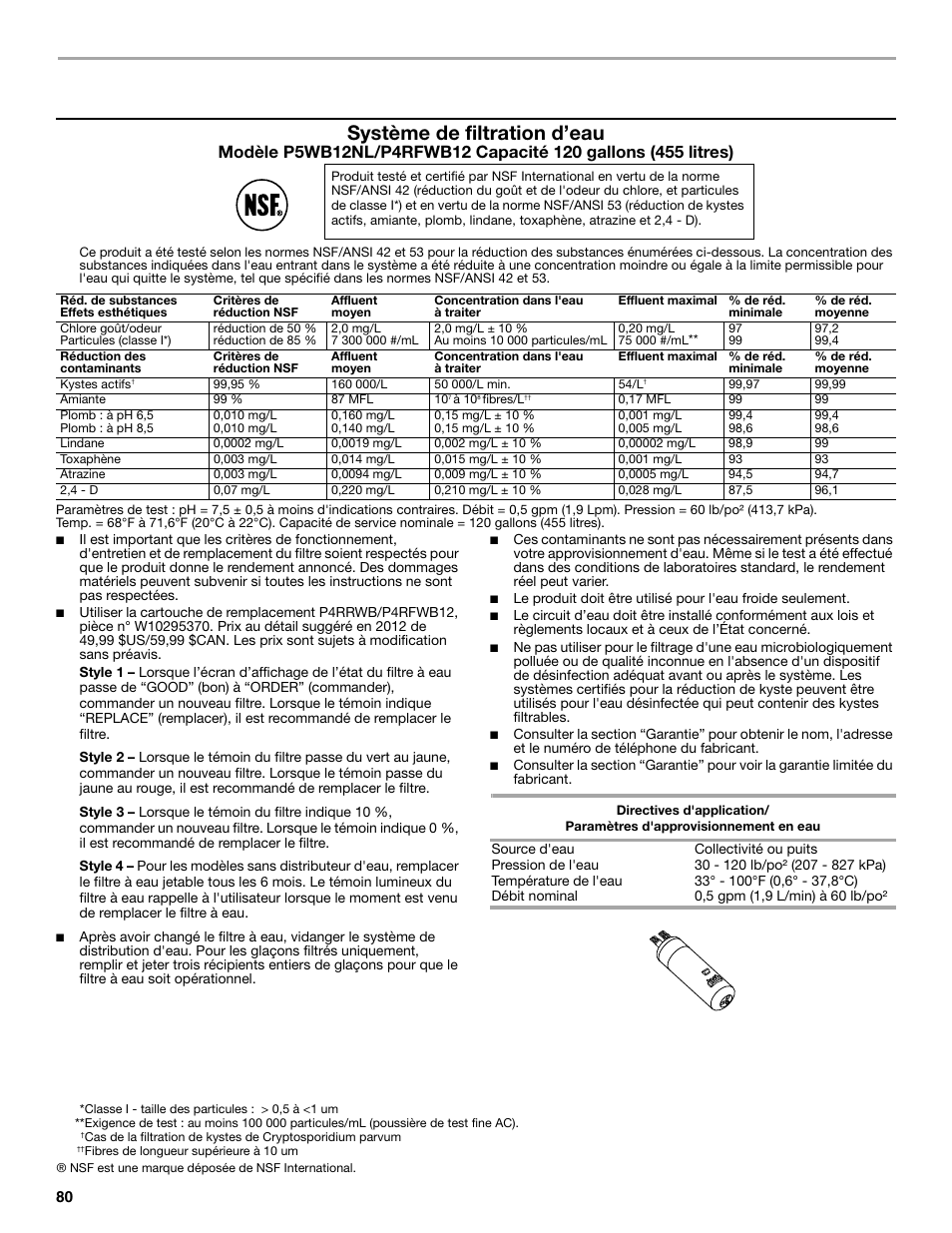 Feuille de données sur la performance, Système de filtration d’eau | Maytag M8TXEGFBS User Manual | Page 80 / 84