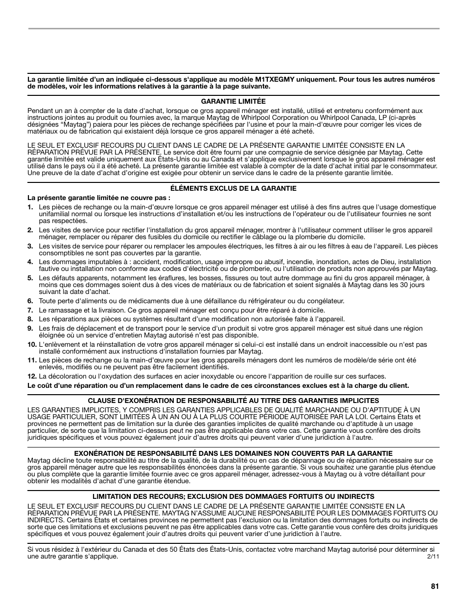Garantie des gros appareils ménagers maytag | Maytag M8TXEGFBS User Manual | Page 81 / 84