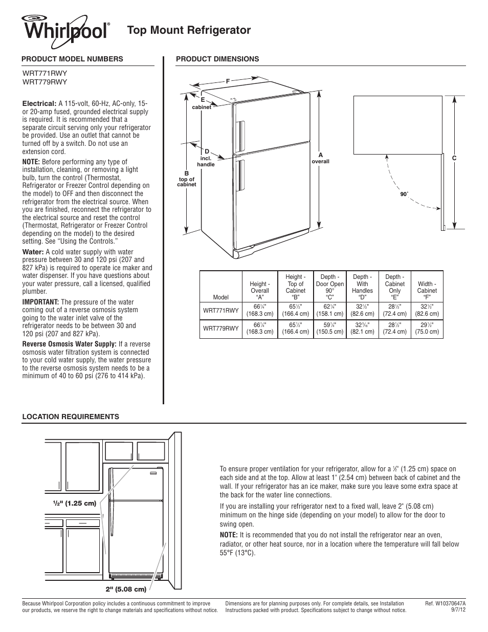 Maytag WRT771RWYB Dimension Guide User Manual | 1 page