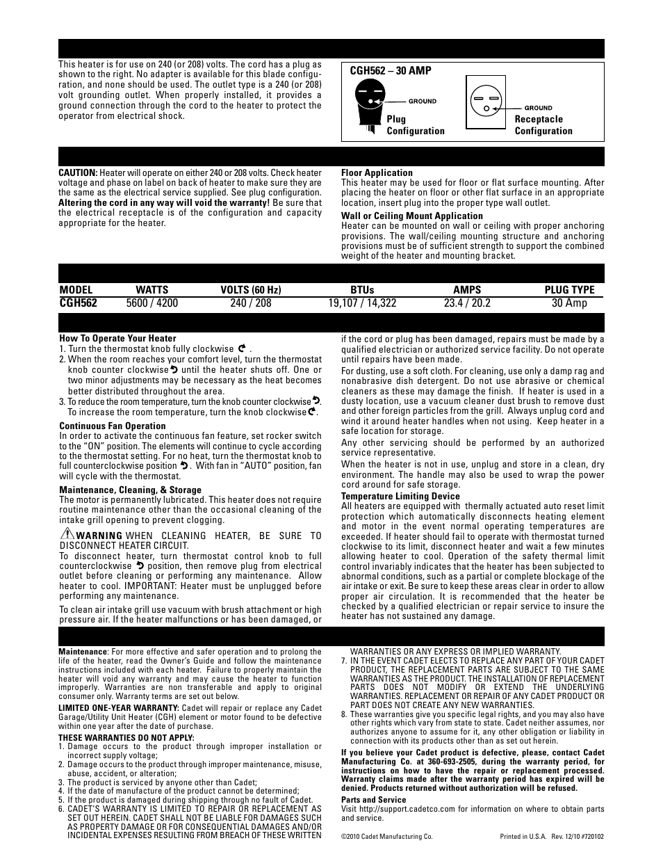 Installation instructions, Grounding instructions, Specifications operation and maintenance | Warranty | Cadet CGH562 User Manual | Page 2 / 2