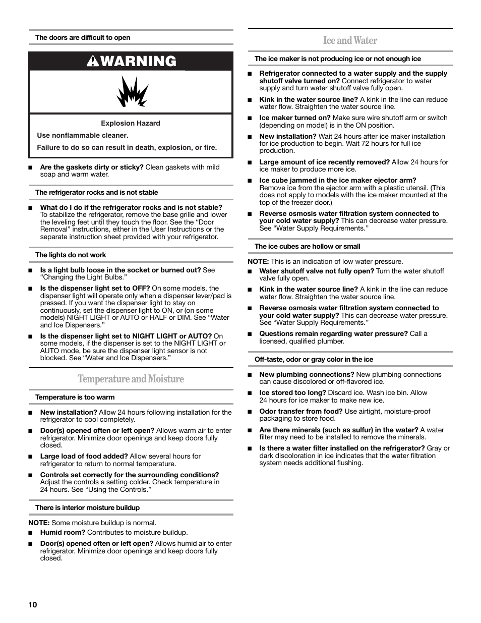 Warning, Temperature and moisture, Ice and water | Maytag ED5CHQXVB User Manual | Page 10 / 52