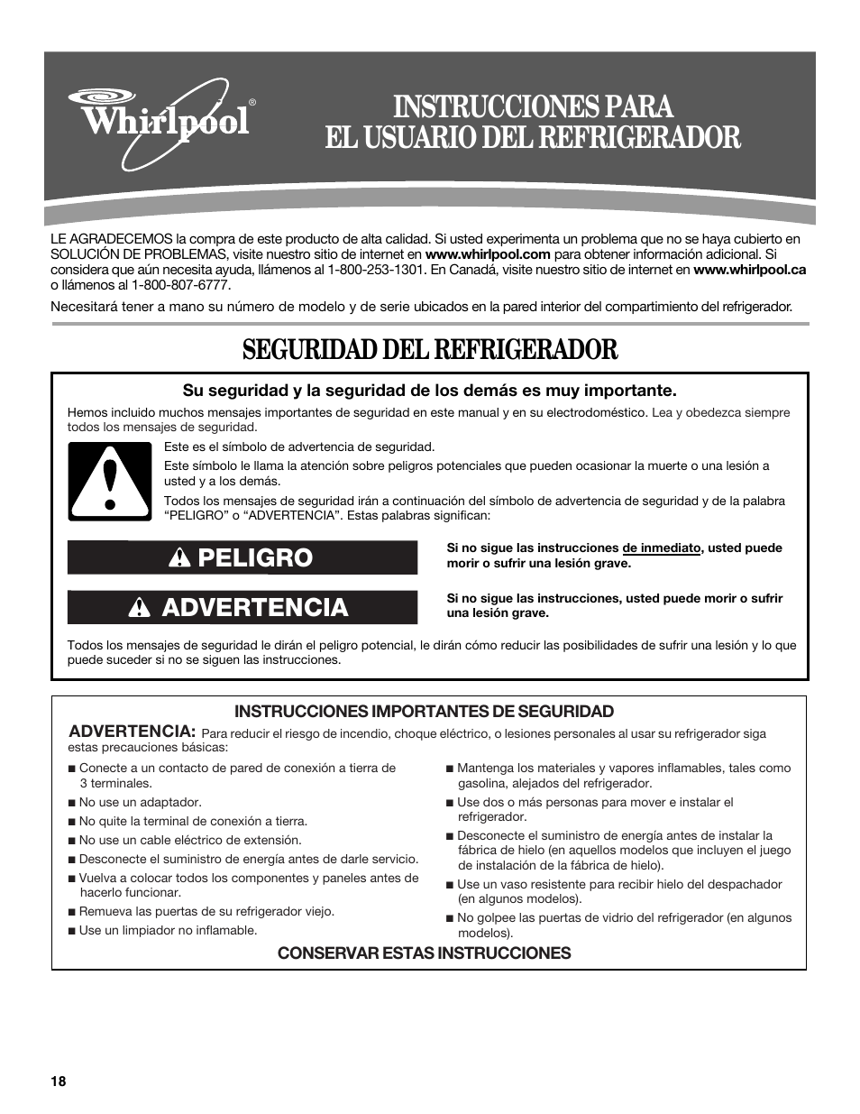 Instrucciones para el usuario del refrigerador, Seguridad del refrigerador, Advertencia peligro | Maytag ED5CHQXVB User Manual | Page 18 / 52