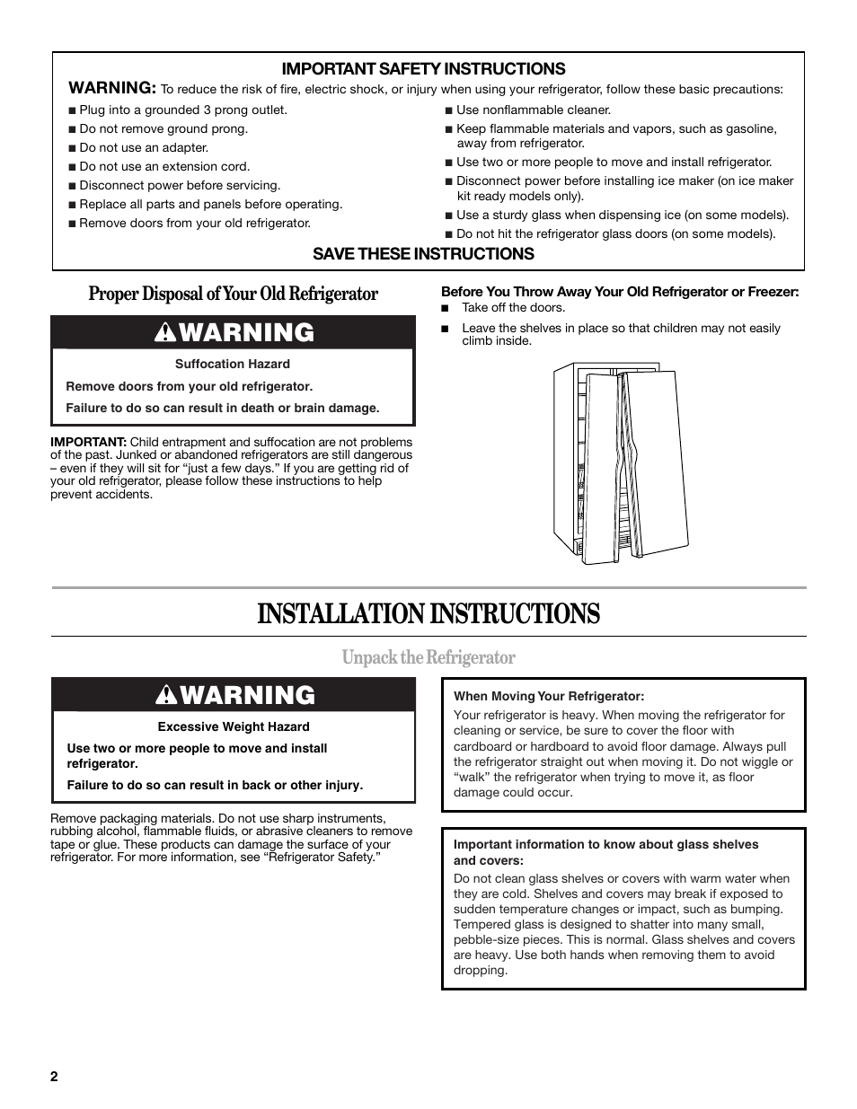 Installation instructions, Warning, Unpack the refrigerator | Proper disposal of your old refrigerator, Important safety instructions warning, Save these instructions | Maytag ED5CHQXVB User Manual | Page 2 / 52