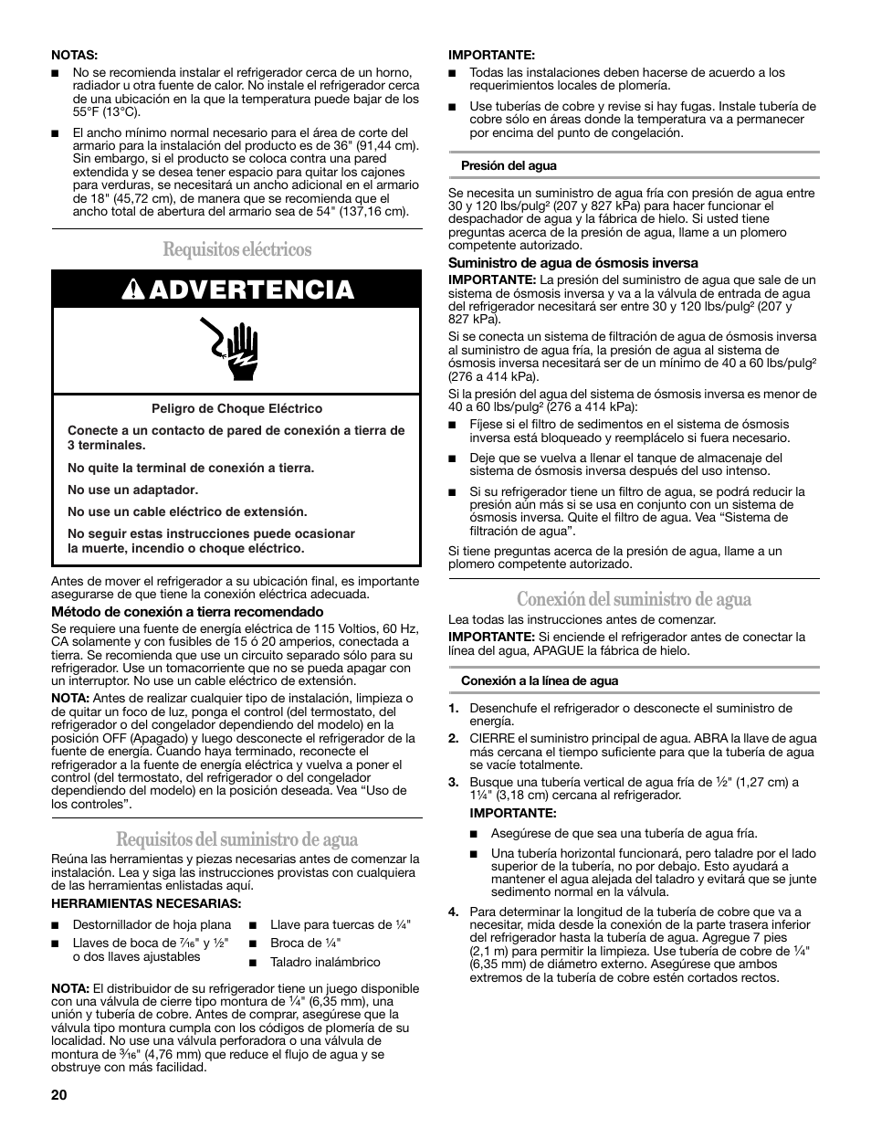 Advertencia, Requisitos eléctricos, Requisitos del suministro de agua | Conexión del suministro de agua | Maytag ED5CHQXVB User Manual | Page 20 / 52