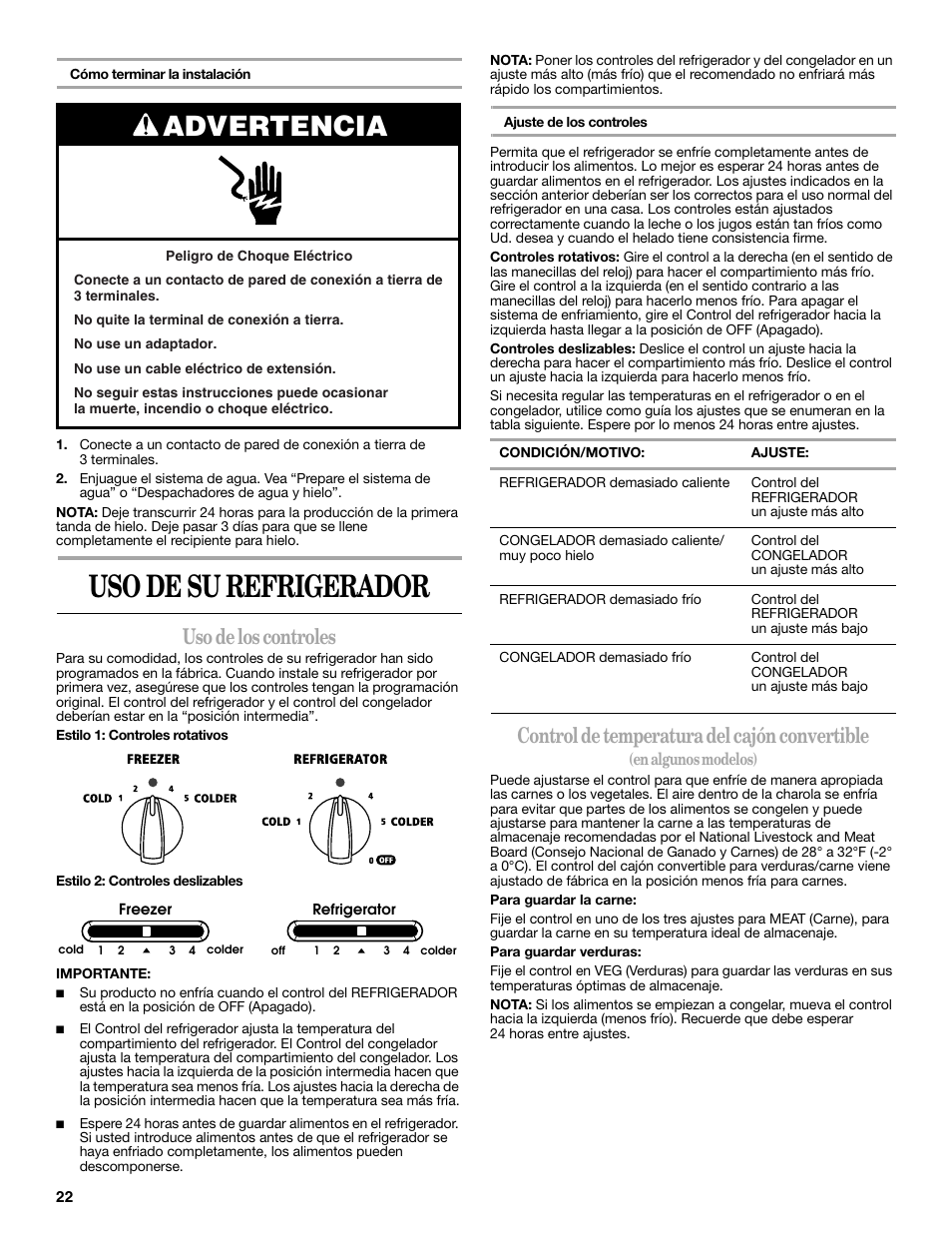 Uso de su refrigerador, Advertencia, Uso de los controles | Control de temperatura del cajón convertible | Maytag ED5CHQXVB User Manual | Page 22 / 52