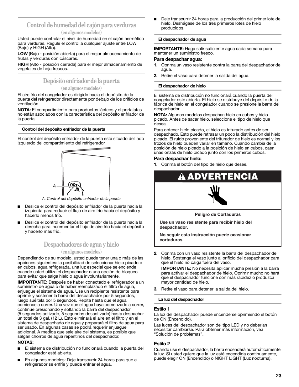 Advertencia, Control de humedad del cajón para verduras, Depósito enfriador de la puerta | Despachadores de agua y hielo | Maytag ED5CHQXVB User Manual | Page 23 / 52
