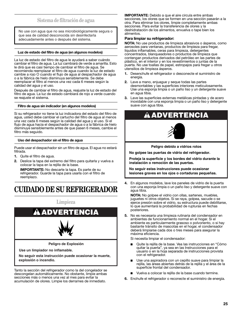 Cuidado de su refrigerador, Advertencia, Sistema de filtración de agua | Limpieza | Maytag ED5CHQXVB User Manual | Page 25 / 52