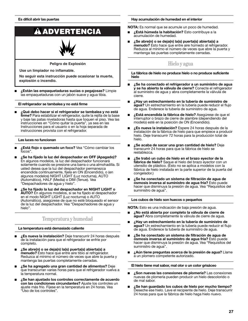 Advertencia, Temperatura y humedad, Hielo y agua | Maytag ED5CHQXVB User Manual | Page 27 / 52