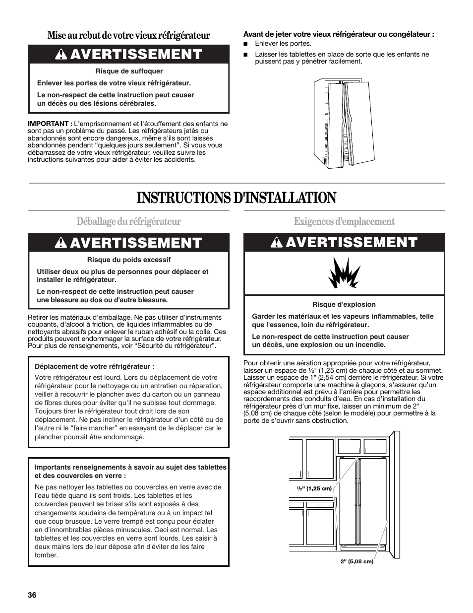 Instructions d'installation, Avertissement, Déballage du réfrigérateur | Exigences d'emplacement, Mise au rebut de votre vieux réfrigérateur | Maytag ED5CHQXVB User Manual | Page 36 / 52