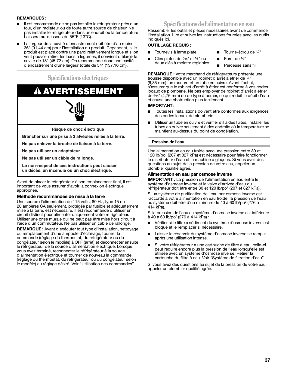 Avertissement, Spécifications électriques, Spécifications de l’alimentation en eau | Maytag ED5CHQXVB User Manual | Page 37 / 52