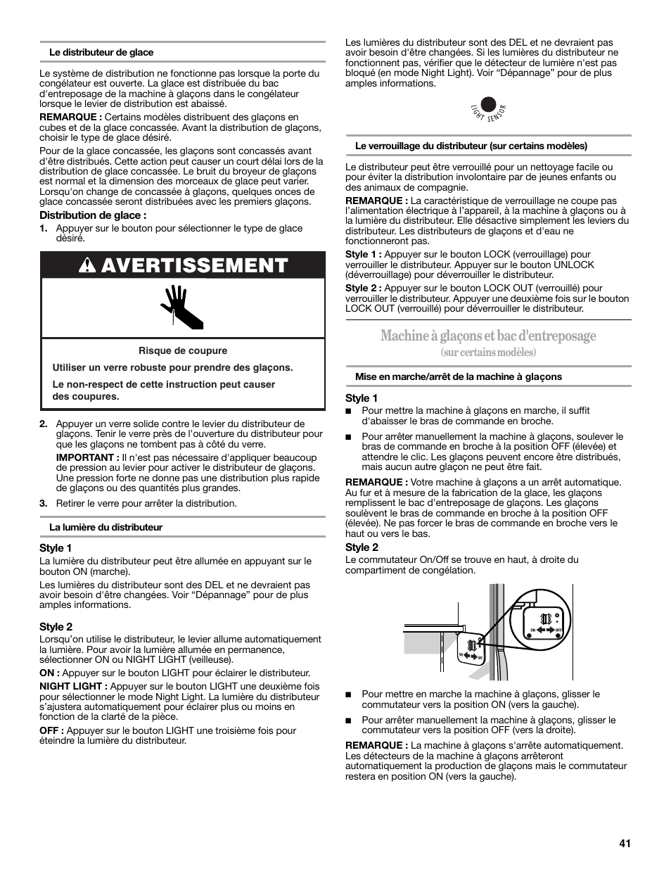 Avertissement, Machine à glaçons et bac d'entreposage | Maytag ED5CHQXVB User Manual | Page 41 / 52