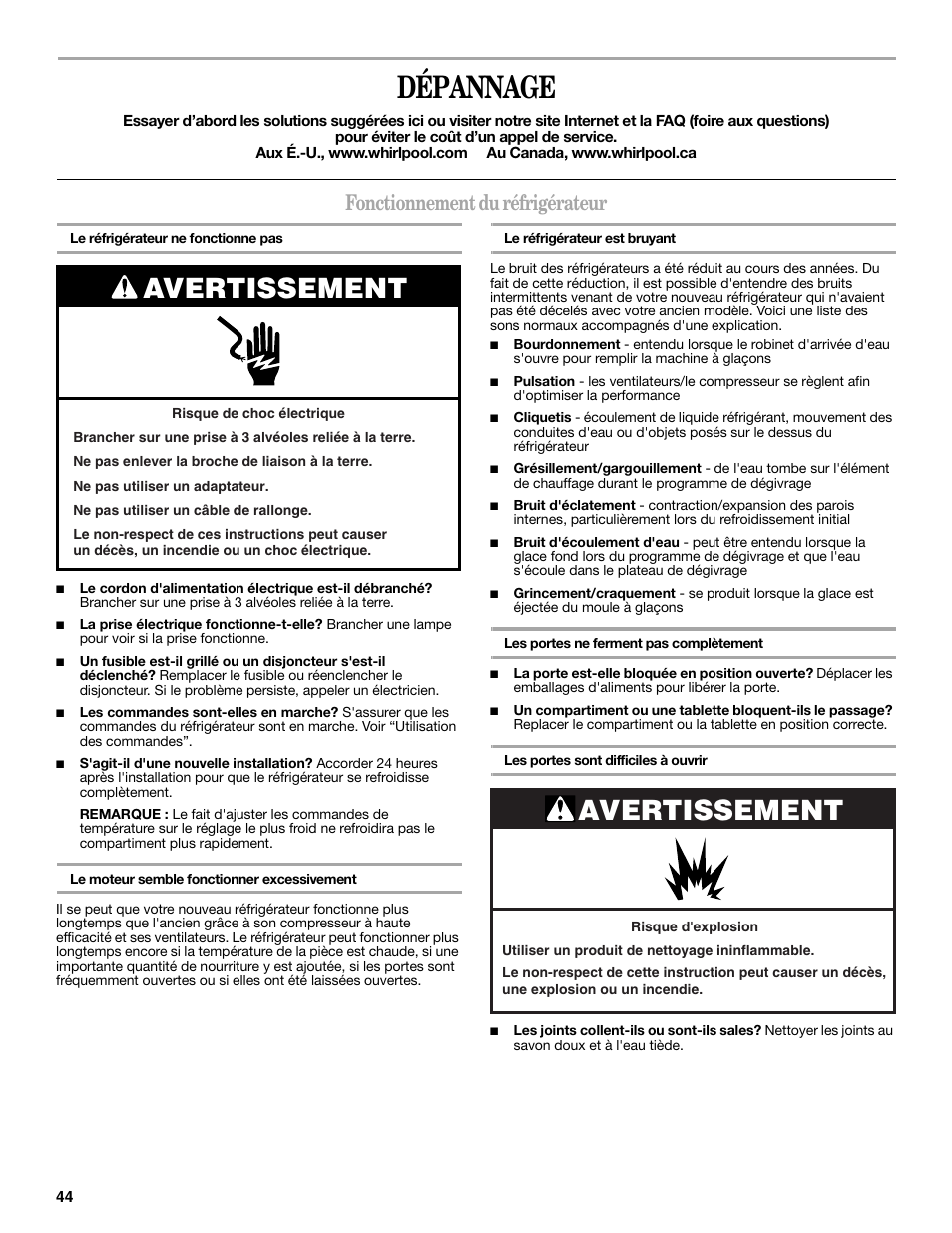 Dépannage, Avertissement, Fonctionnement du réfrigérateur | Maytag ED5CHQXVB User Manual | Page 44 / 52