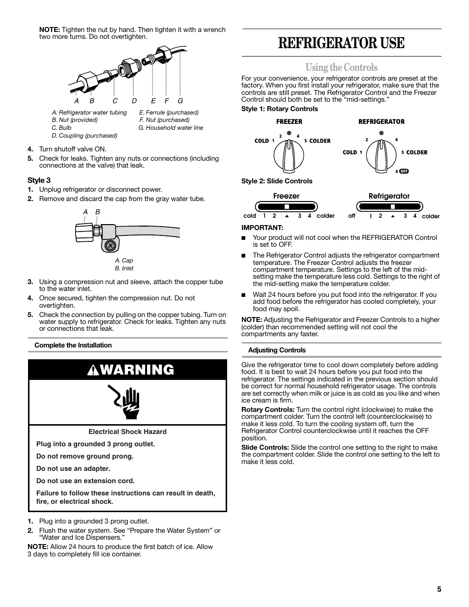 Refrigerator use, Warning, Using the controls | Maytag ED5CHQXVB User Manual | Page 5 / 52
