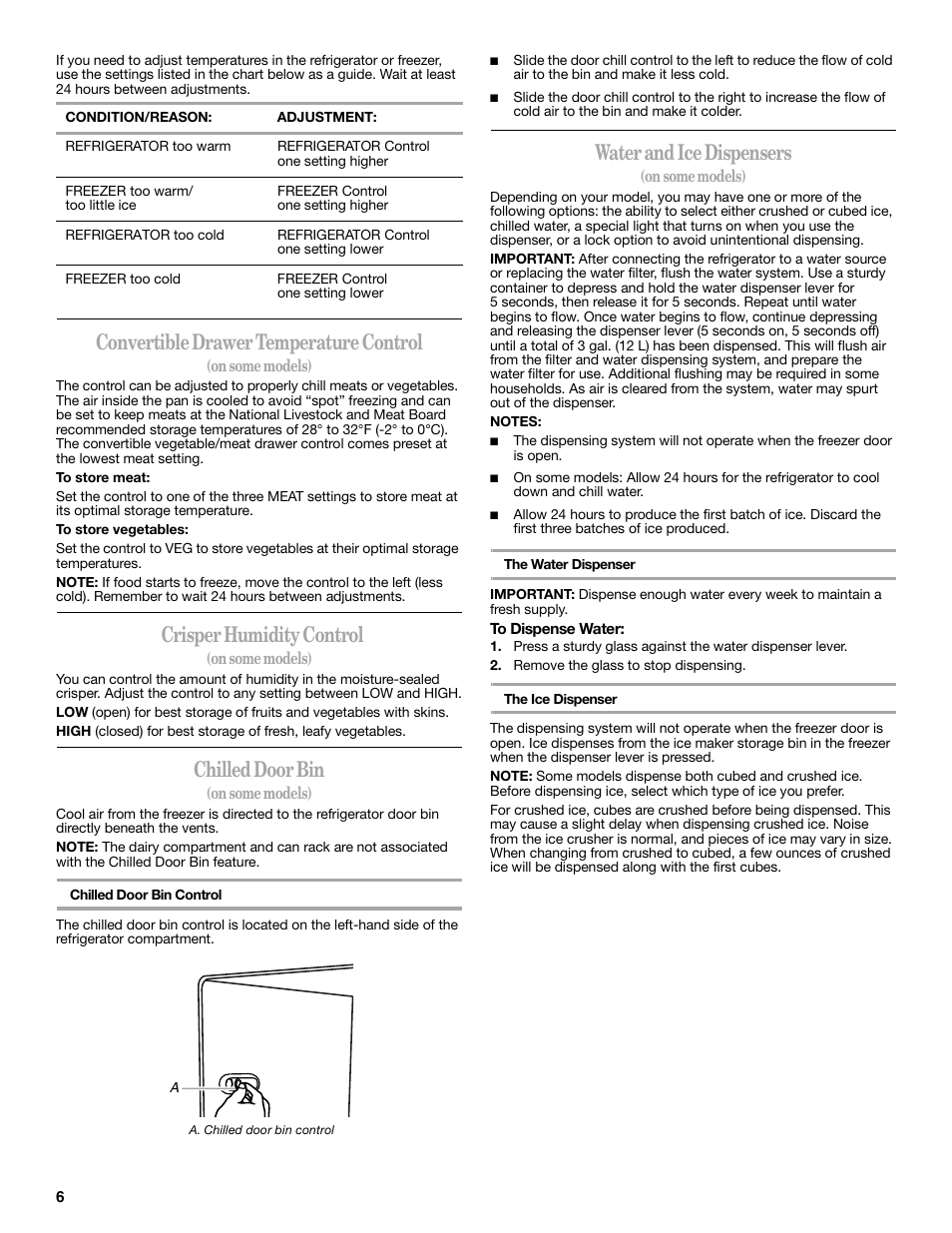 Convertible drawer temperature control, Crisper humidity control, Chilled door bin | Water and ice dispensers | Maytag ED5CHQXVB User Manual | Page 6 / 52