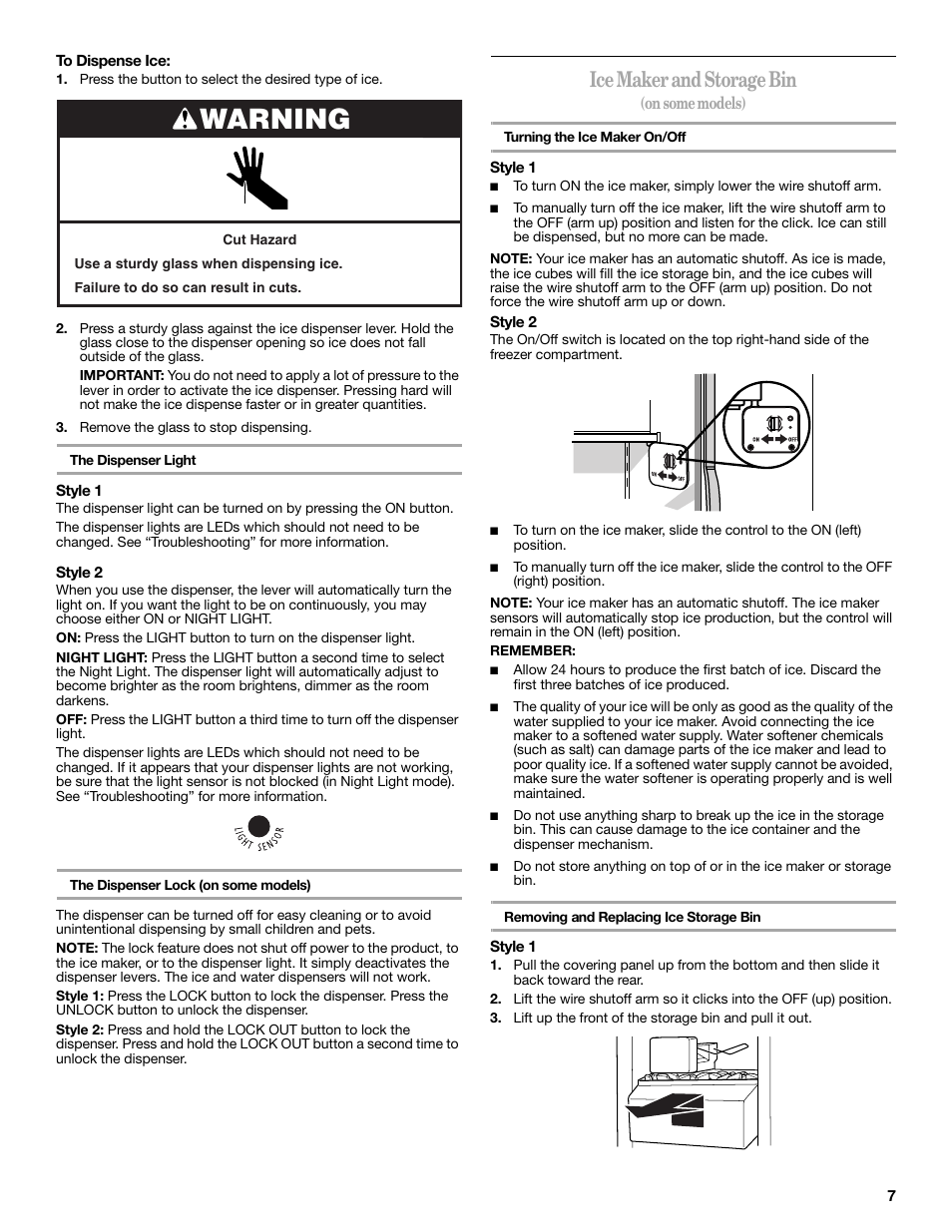 Warning, Ice maker and storage bin | Maytag ED5CHQXVB User Manual | Page 7 / 52