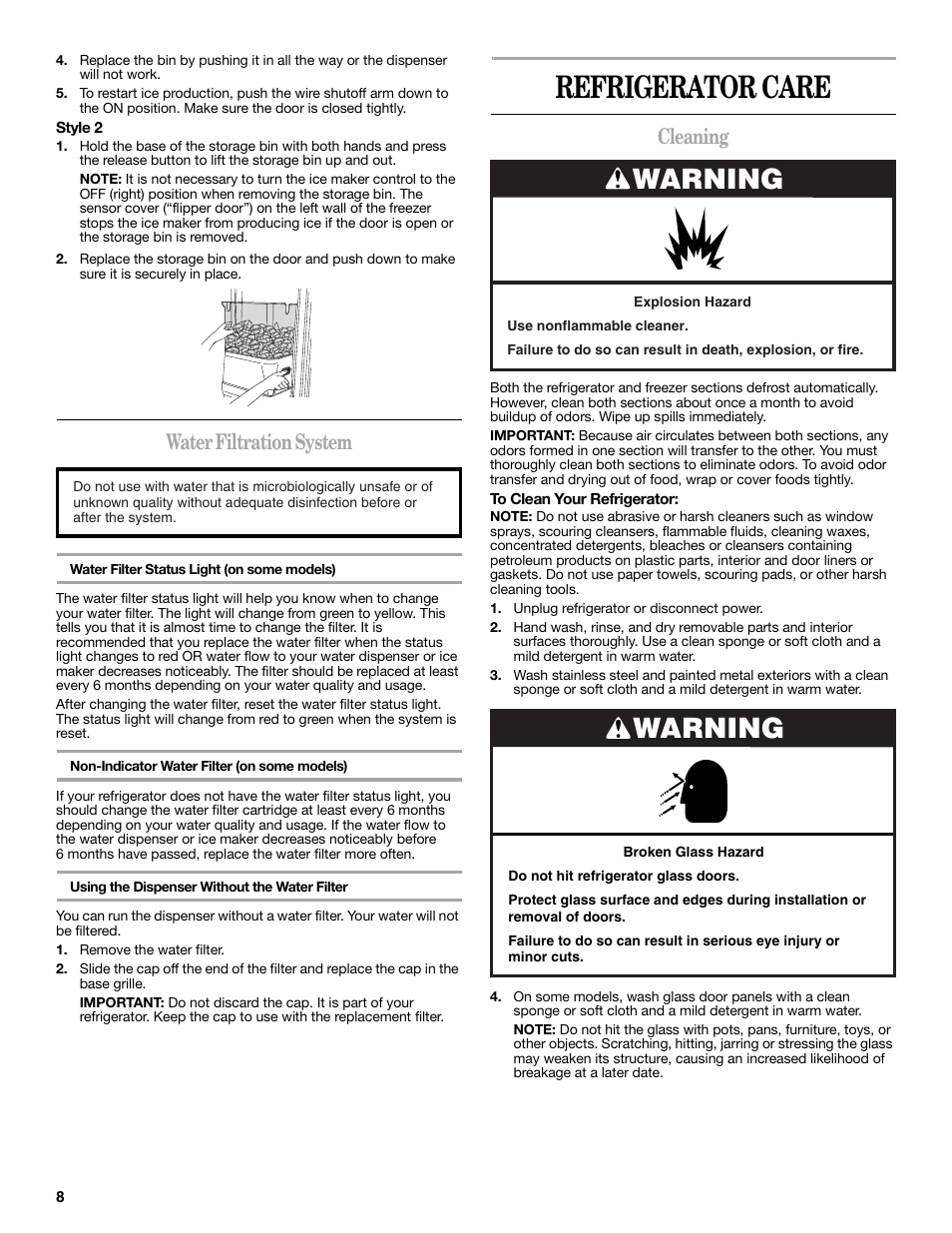 Refrigerator care, Warning, Water filtration system | Cleaning | Maytag ED5CHQXVB User Manual | Page 8 / 52