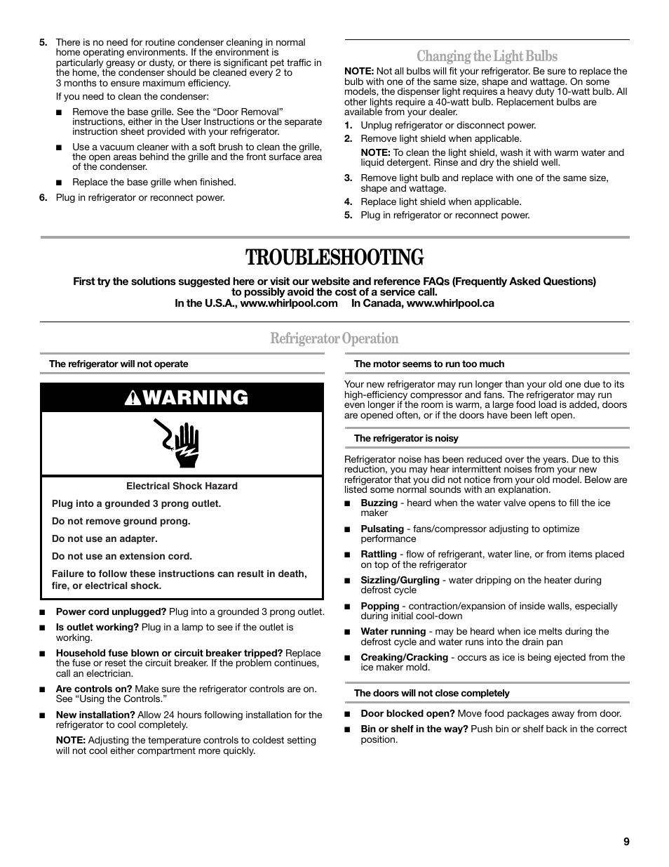 Troubleshooting, Warning, Changing the light bulbs | Refrigerator operation | Maytag ED5CHQXVB User Manual | Page 9 / 52
