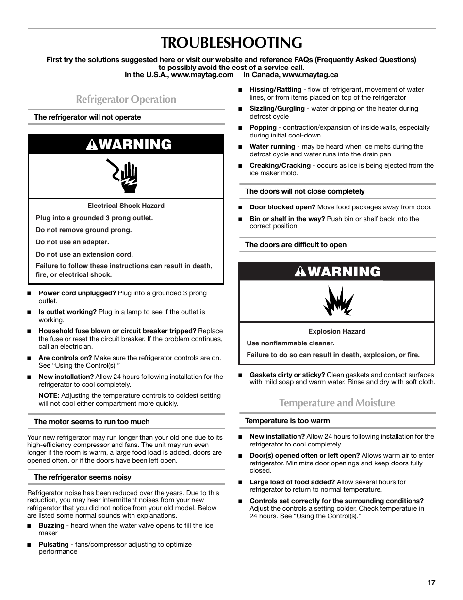 Troubleshooting, Warning, Refrigerator operation | Temperature and moisture | Maytag MFX2570AEM User Manual | Page 17 / 70
