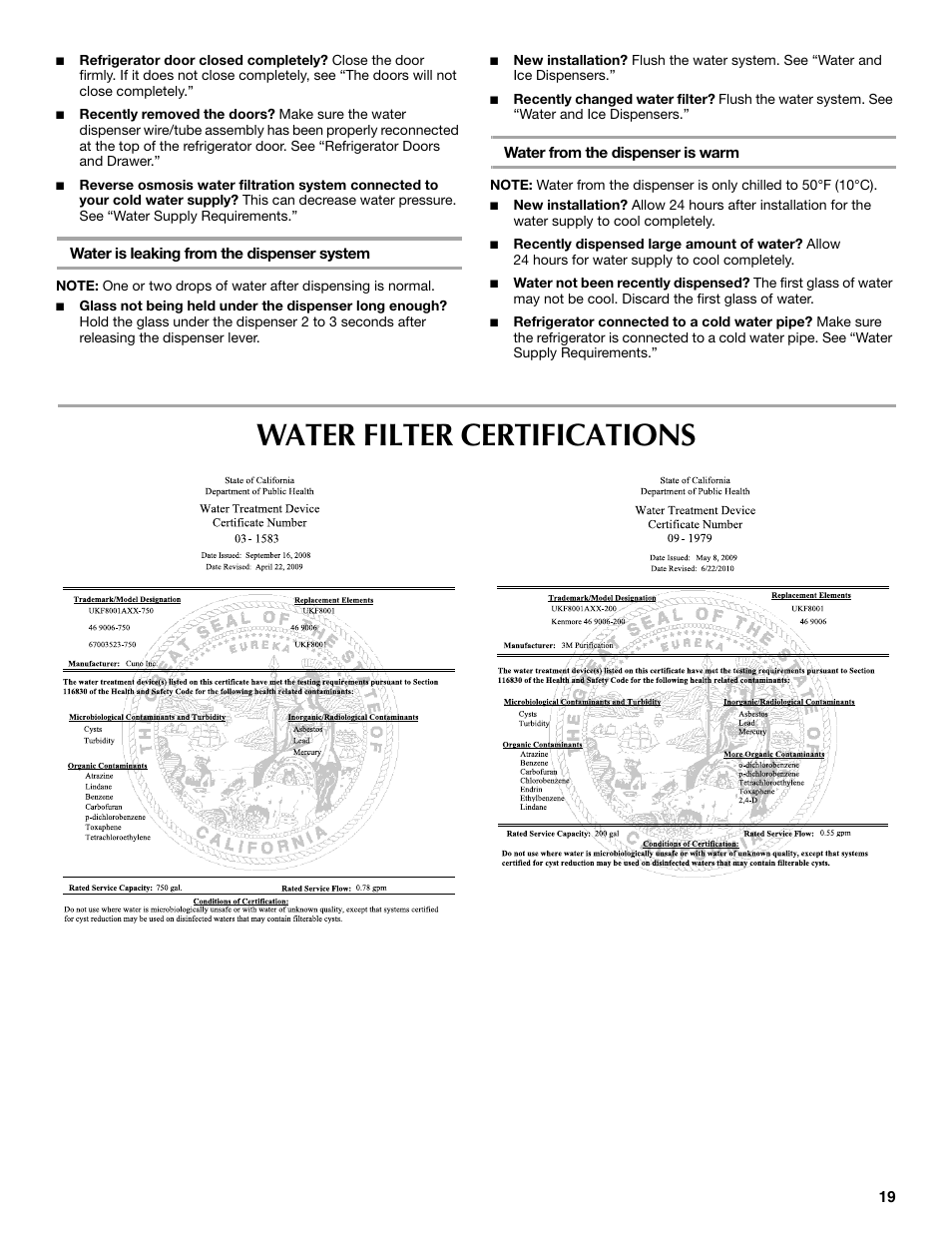 Water filter certifications | Maytag MFX2570AEM User Manual | Page 19 / 70