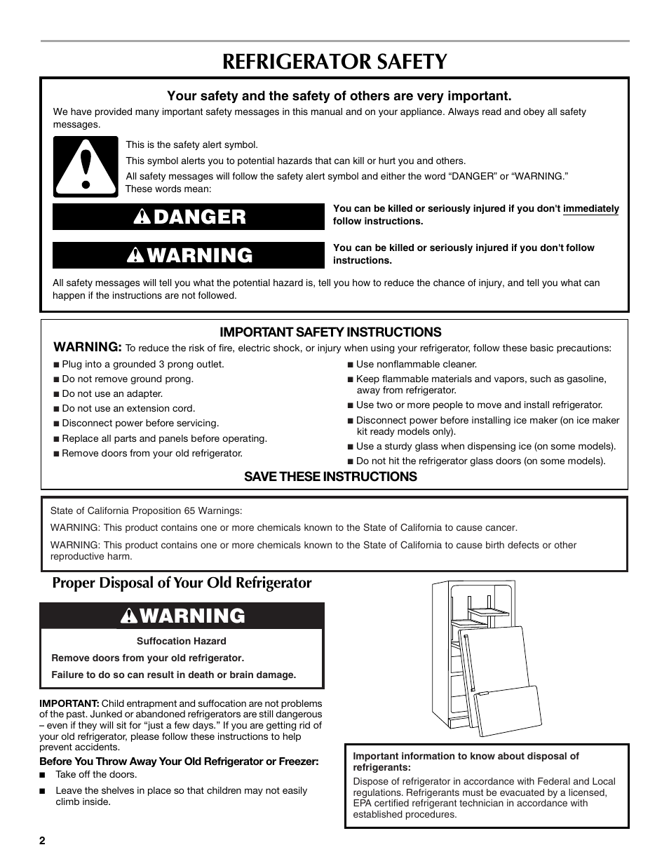 Refrigerator safety, Danger warning, Warning | Proper disposal of your old refrigerator, Important safety instructions warning, Save these instructions | Maytag MFX2570AEM User Manual | Page 2 / 70