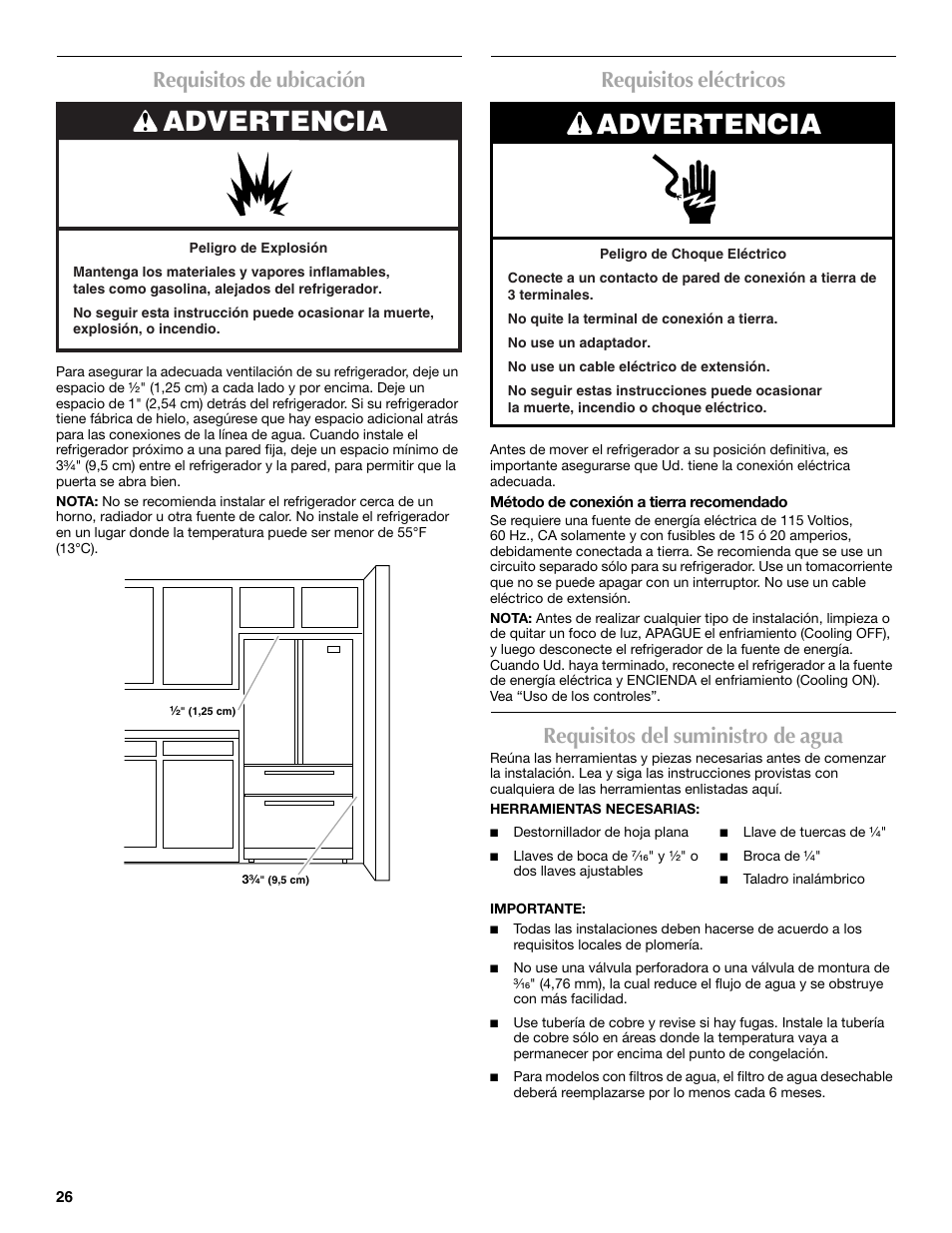 Advertencia, Requisitos de ubicación, Requisitos eléctricos | Requisitos del suministro de agua | Maytag MFX2570AEM User Manual | Page 26 / 70