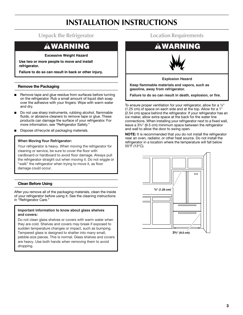 Installation instructions, Warning, Unpack the refrigerator | Location requirements | Maytag MFX2570AEM User Manual | Page 3 / 70