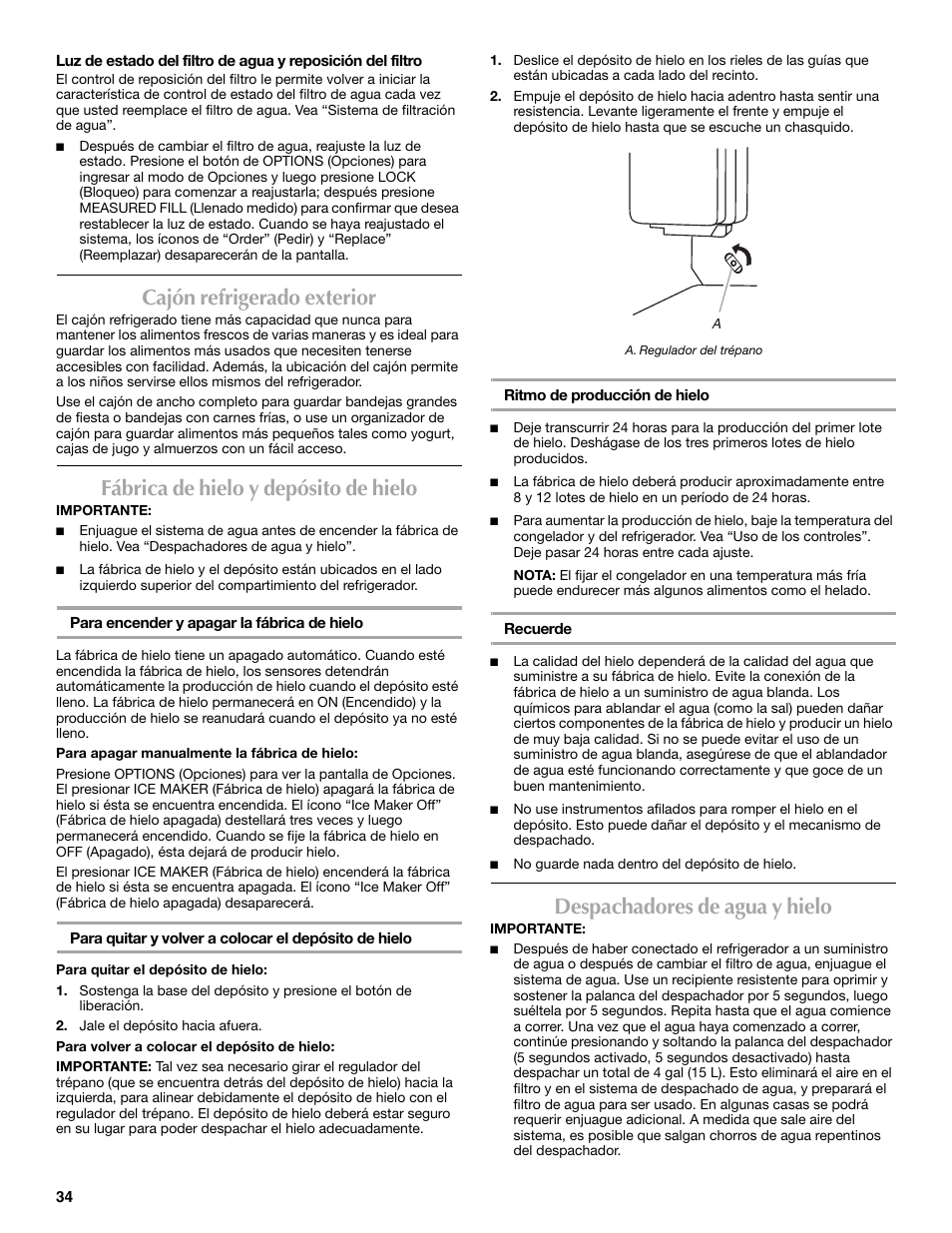 Cajón refrigerado exterior, Fábrica de hielo y depósito de hielo, Despachadores de agua y hielo | Maytag MFX2570AEM User Manual | Page 34 / 70