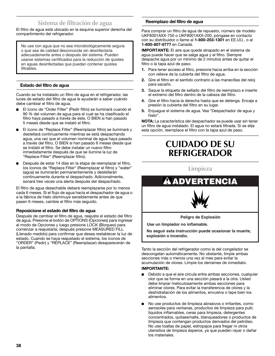 Cuidado de su refrigerador, Advertencia, Sistema de filtración de agua | Limpieza | Maytag MFX2570AEM User Manual | Page 38 / 70